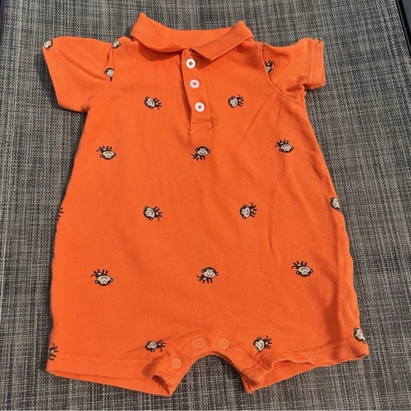 🍭carters baby boy 12 months Monkey Print Orange All In One Polo C2-001 - Picture 1 of 5